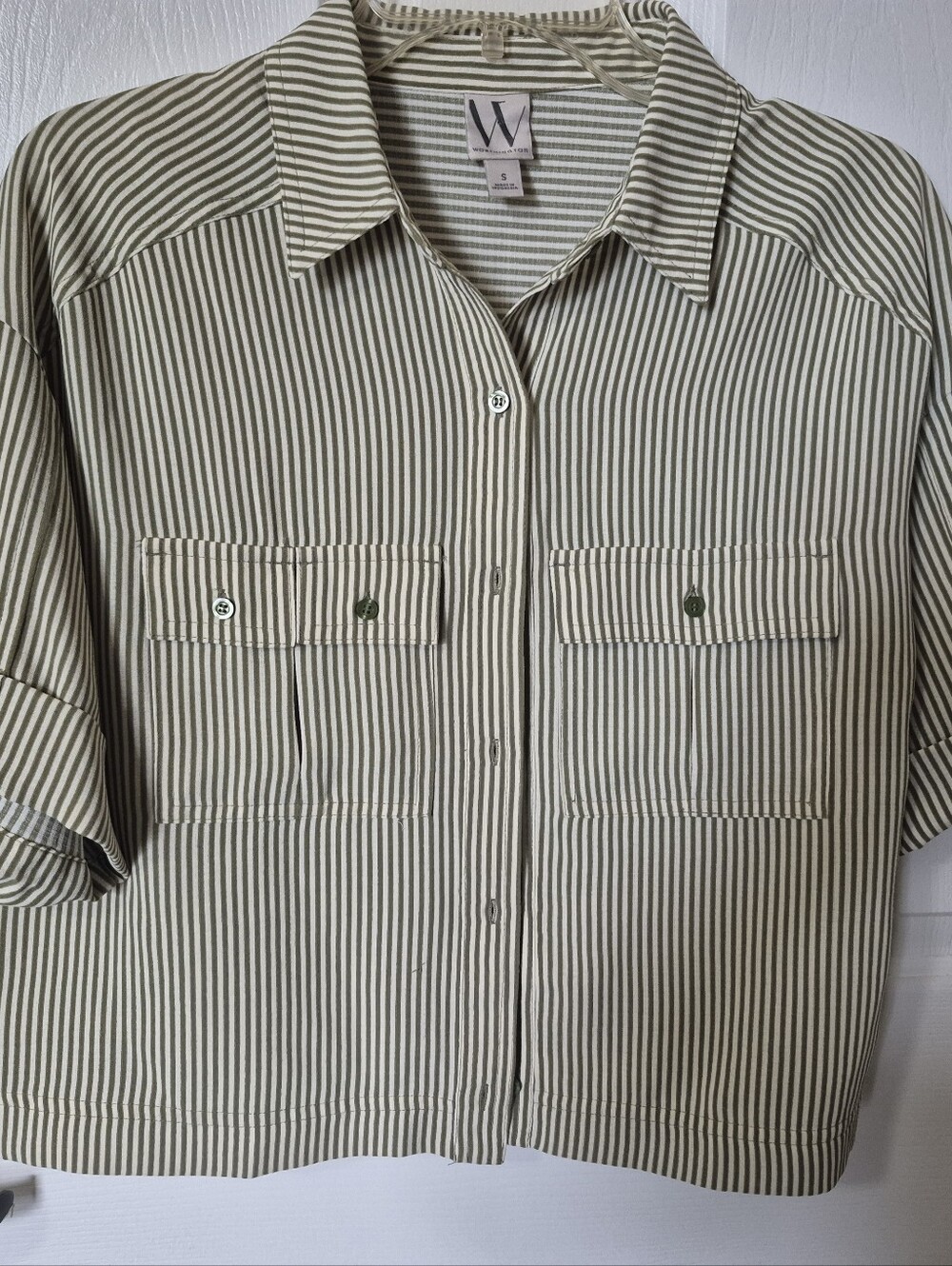 W by Worth Olive Stripe Button-Front Camp Shirt - Picture 3 of 4